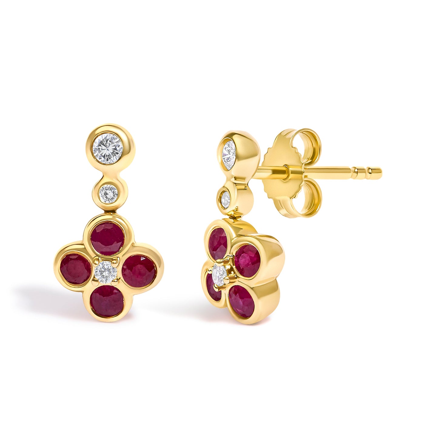 14K Yellow Gold 1/10 Cttw Diamond and  Ruby Floral Dangle Earrings