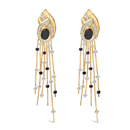 14K Yellow Gold 1.0 Cttw Diamond and Blue Sapphire Chandelier Earrings