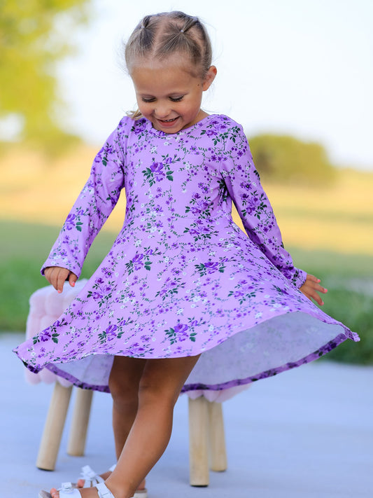 Fall Lavender Floral Print Girls Long Sleeve Twirl Dress