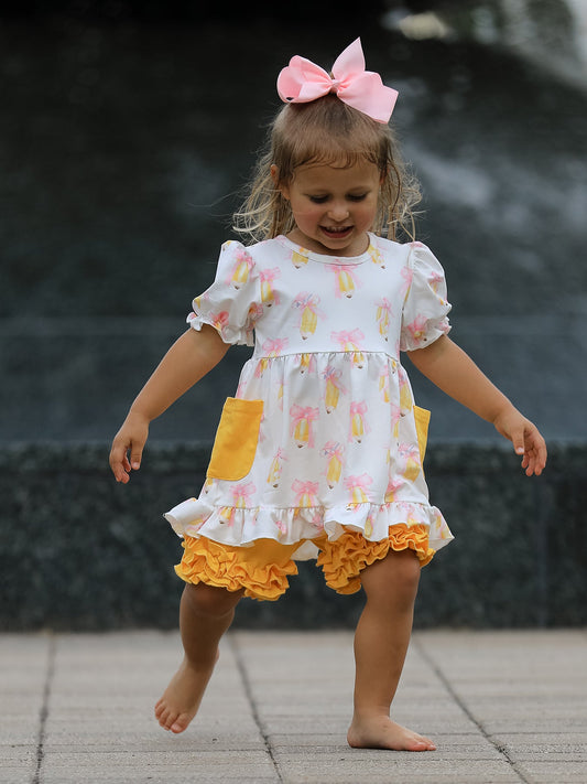 Girls Back To School Pencil Bow Pocket Ruffle Top Shorts Set