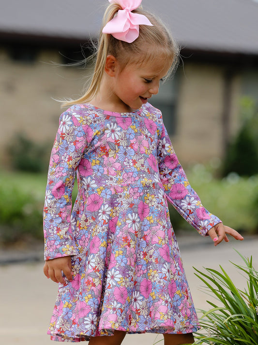 Fall Vintage Floral Print Girls Long Sleeve Twirl Dress