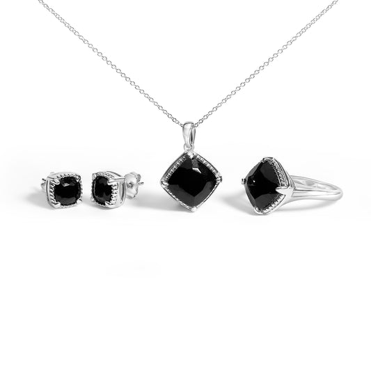 Sterling Silver Cushion Onyx 3-Piece Jewelry Set Ring Earrings Pendant 18 Inch Cable Chain