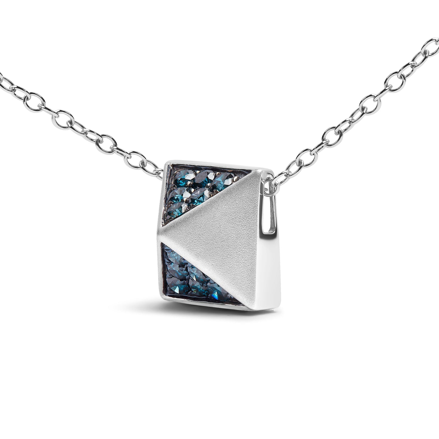 14K White Gold 1/4 Cttw Treated Blue Diamond Matte Finished Pyramid Pendant Necklace (Blue Color, SI1-SI2 Clarity) - 18" Inches