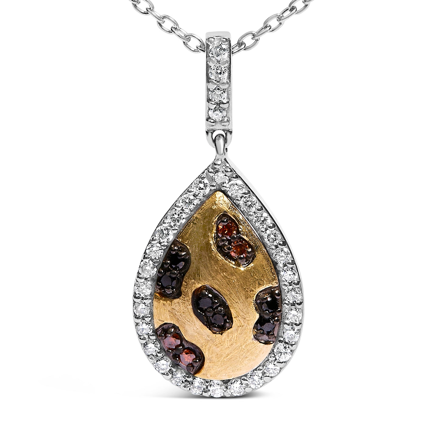 10K Yellow Gold Plated Sterling Silver Mixed Color Diamond Accent Pear Halo Pendant Necklace