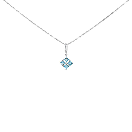 Sterling Silver Blue Topaz and White Sapphire Square Motif Pendant Necklace 18 Inch