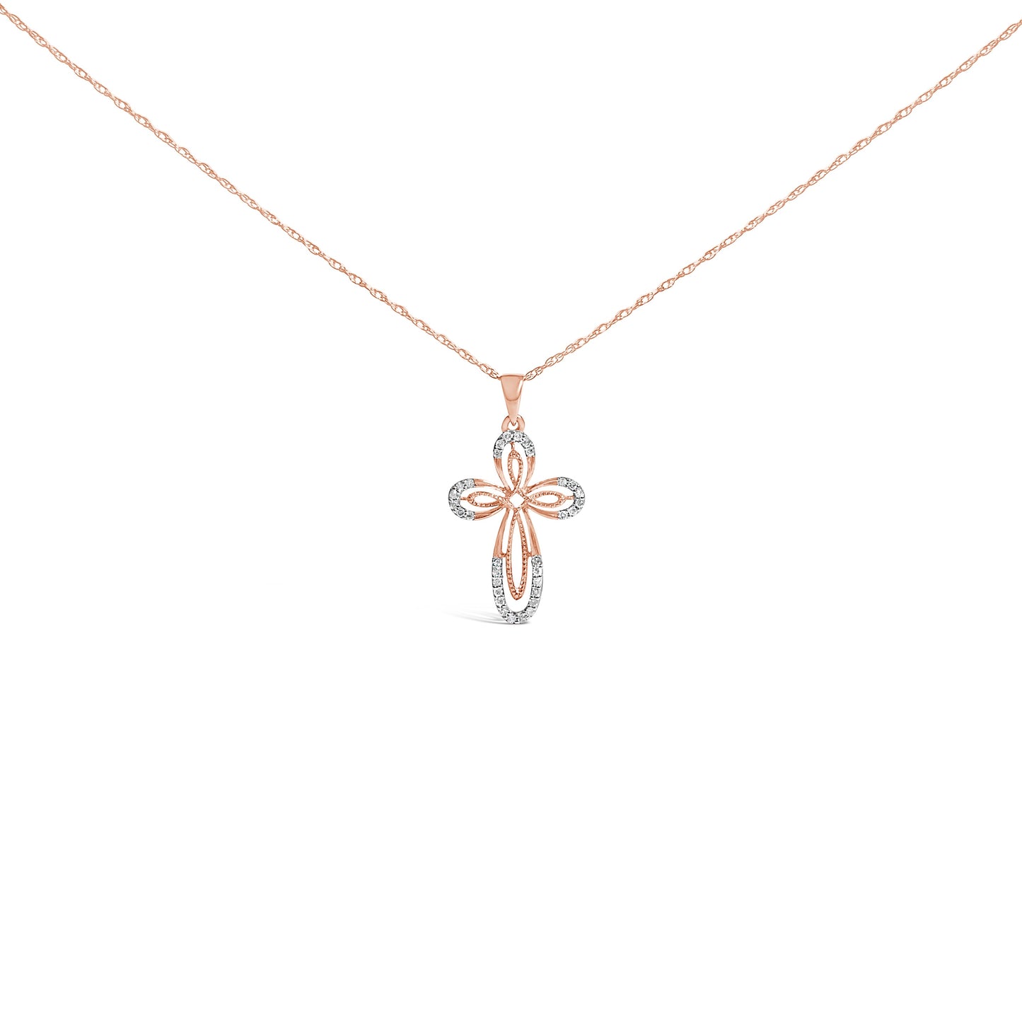 10K Rose Gold Plated Sterling Silver 1/6 Cttw Diamond Double Loop Cross Pendant Necklace