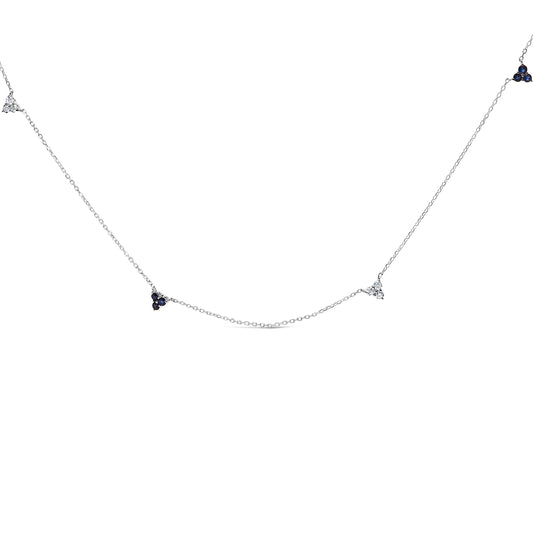 14K White Gold 1/5 Cttw Diamond and Sapphire Trio Cluster Station Necklace