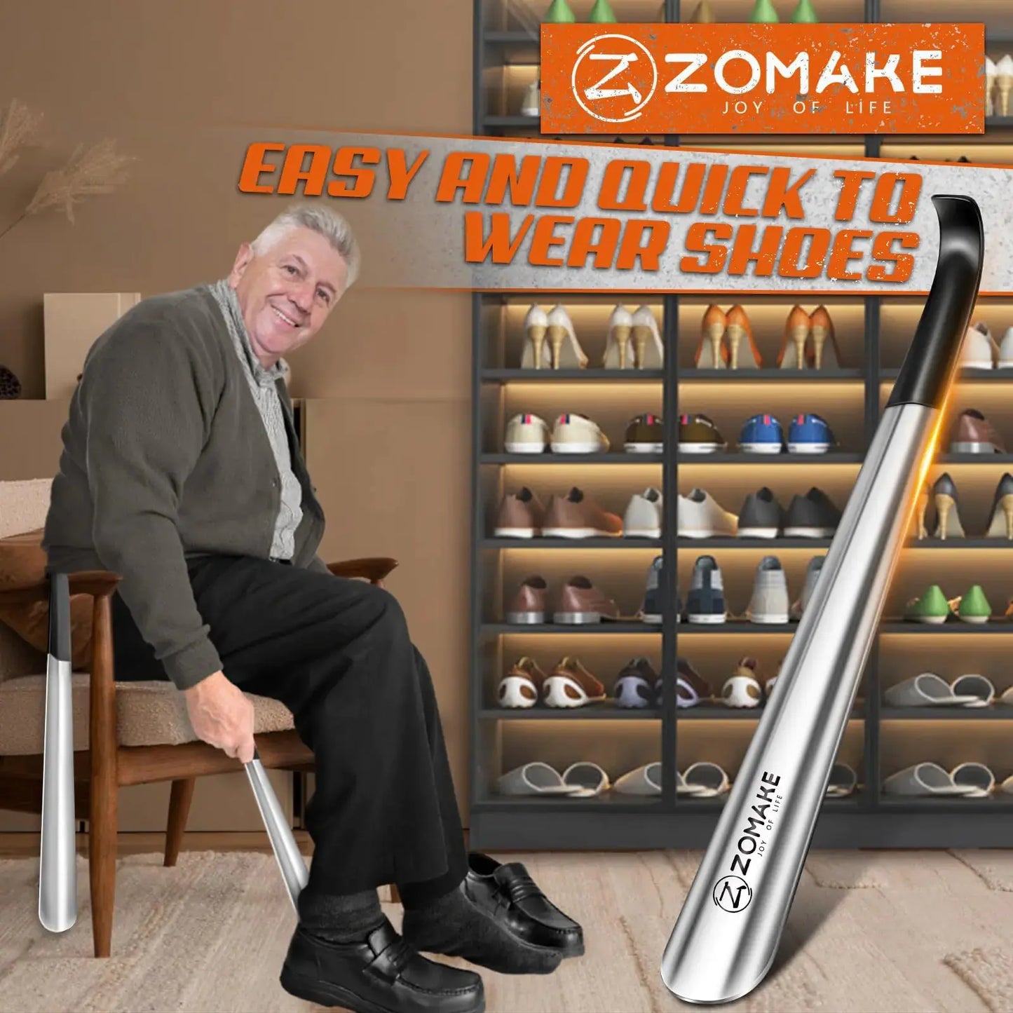 ZOMAKE Shoe Horn Long Handle for Seniors 2 Pack,Metal Long Shoehorn for Boots,16.5" Extra Long Shoe Horn for Men Women Kids