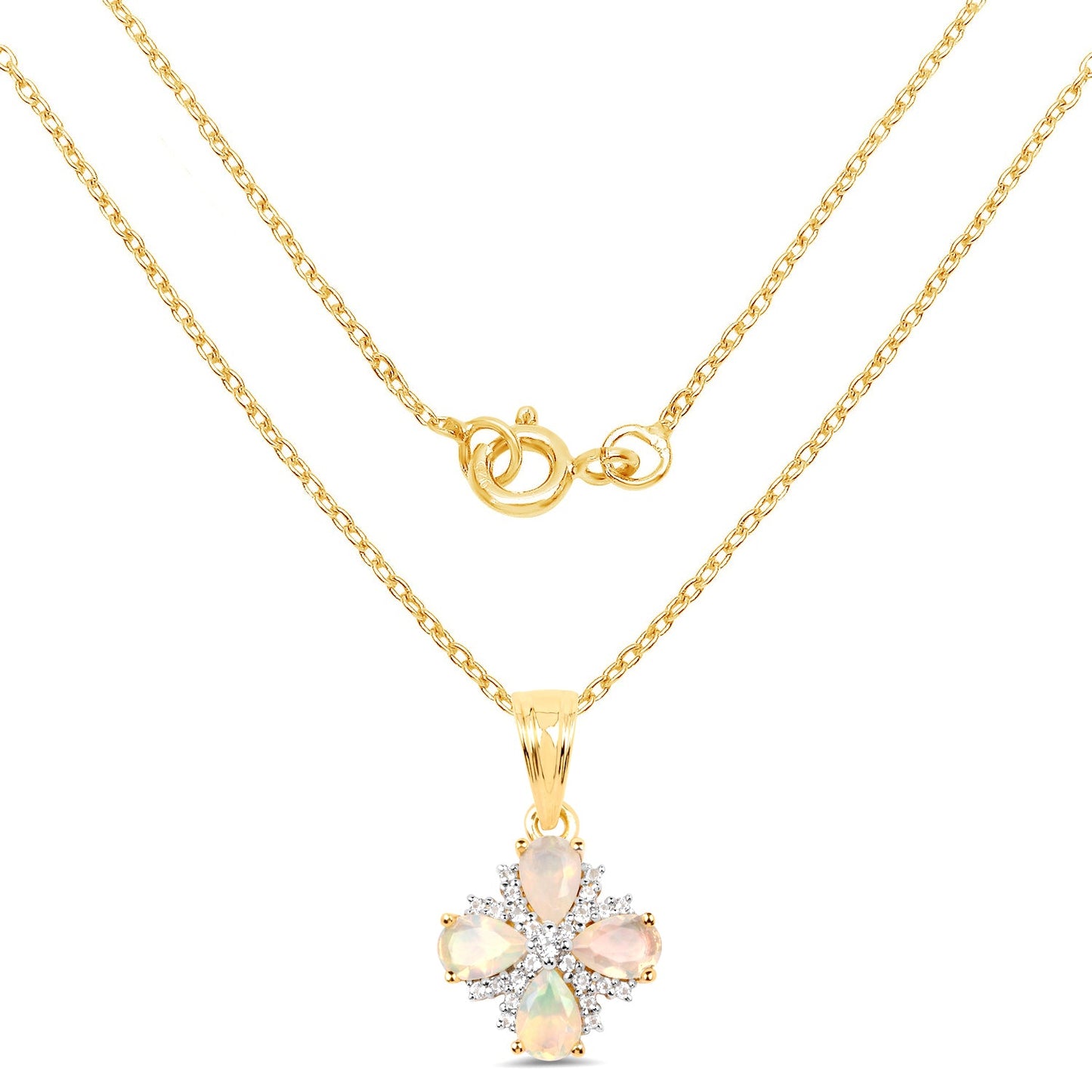 14K Yellow Gold Plated 1.19 Carat Genuine Ethiopian Opal and White Topaz .925 Sterling Silver Pendant