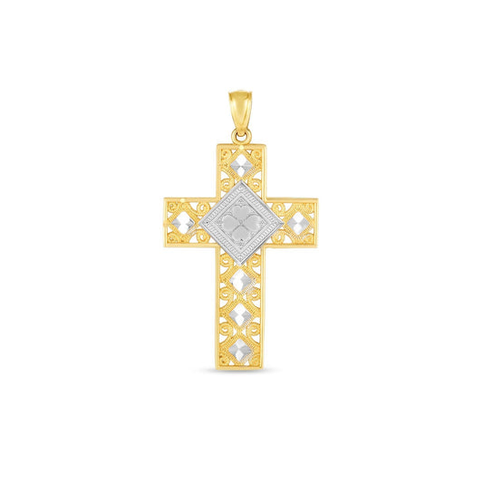 14k Two Tone Gold High Polish Diamond Cut Cross Pendant