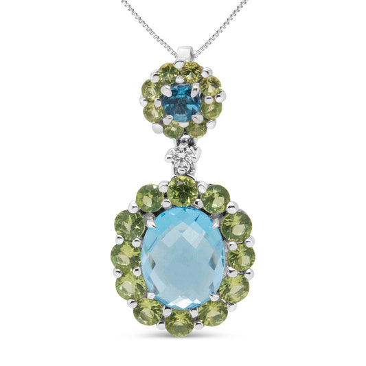 18k White Gold 0.05 Cttw Round Diamond and Blue Topaz and Green Peridot Gemstone Halo Drop 18" Pendant Necklace (F-G Color, VS1-VS2 Clarity)