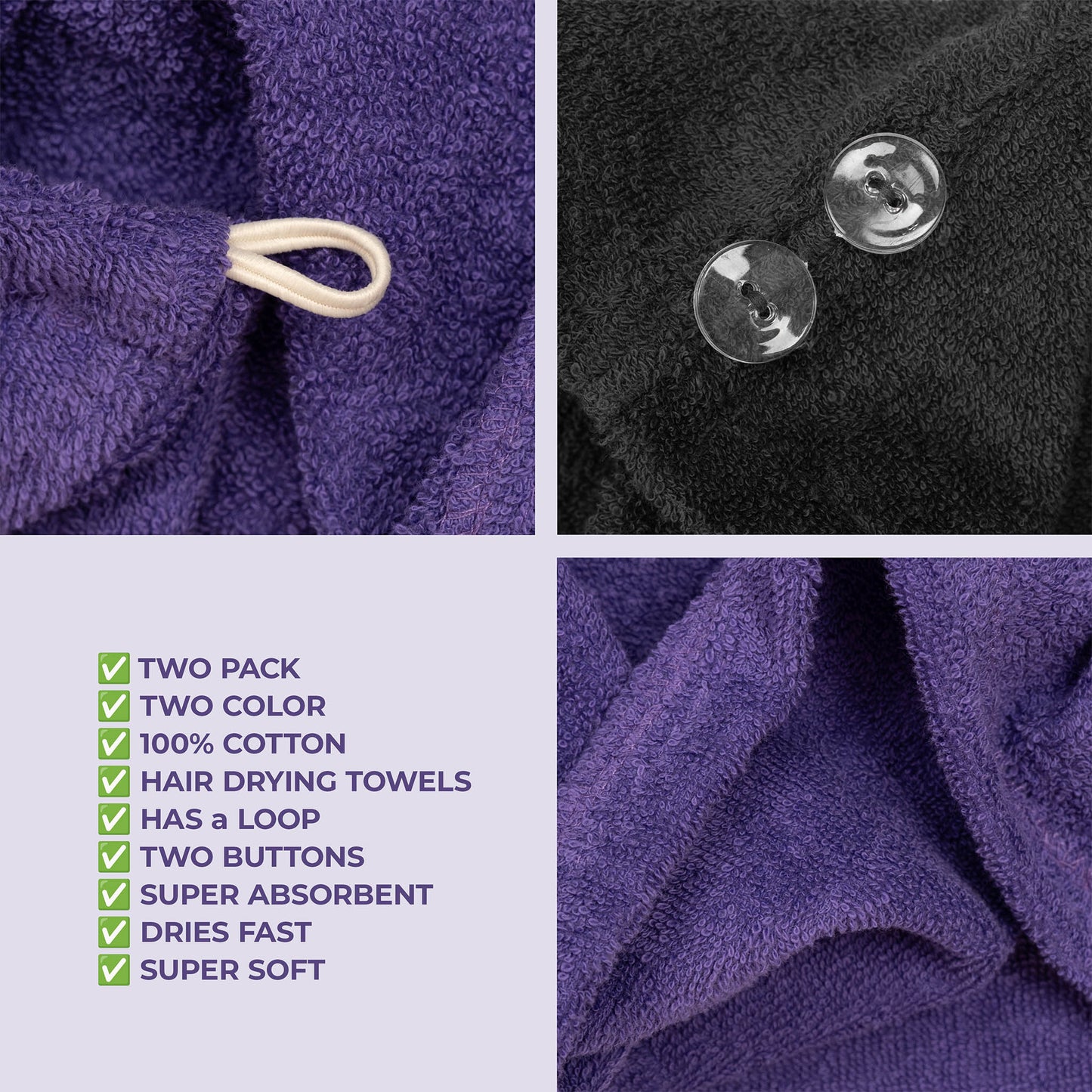 American Soft Linen 100% Cotton Hair Drying Towels for Women, 2 Pack Head Towel Cap