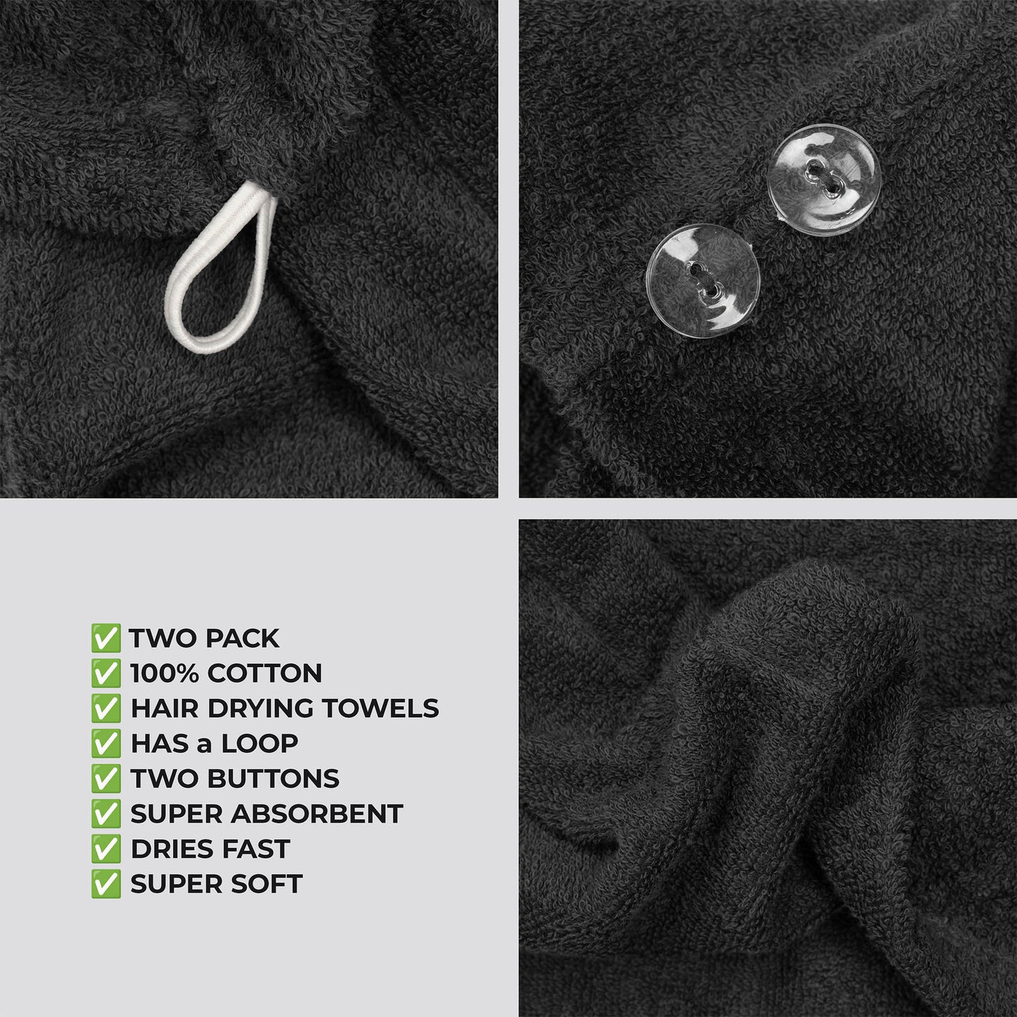 American Soft Linen 100% Cotton Hair Drying Towels for Women, 2 Pack Head Towel Cap