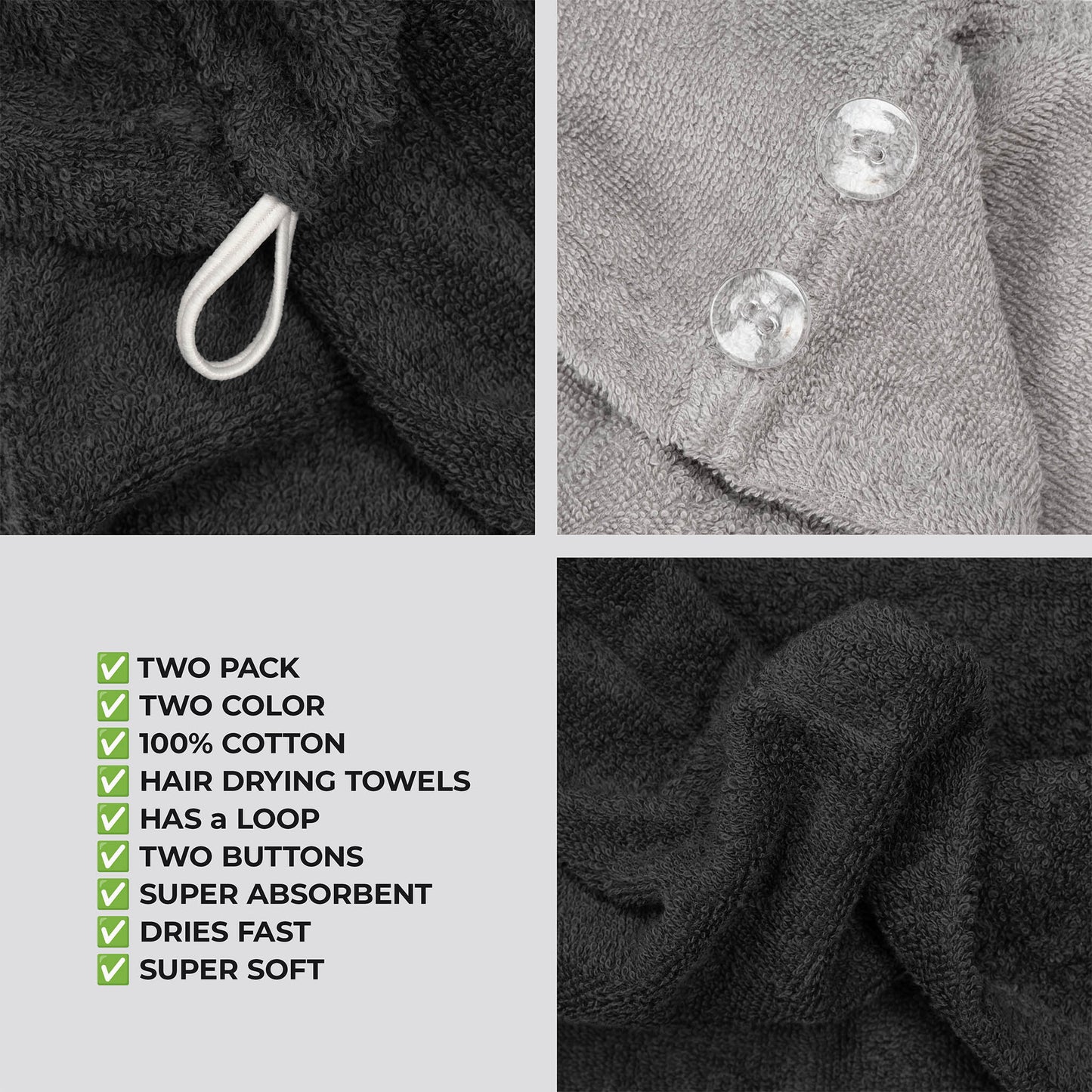 American Soft Linen 100% Cotton Hair Drying Towels for Women, 2 Pack Head Towel Cap