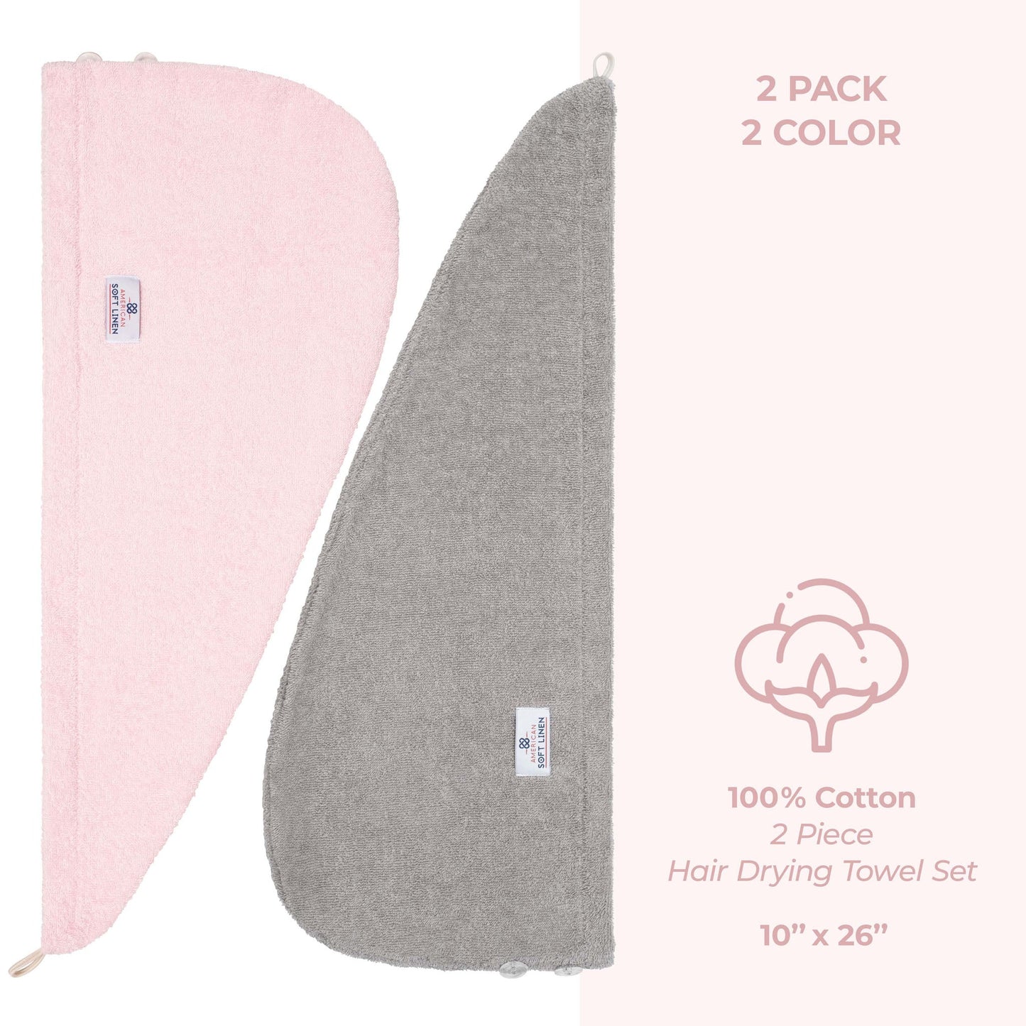 American Soft Linen 100% Cotton Hair Drying Towels for Women, 2 Pack Head Towel Cap