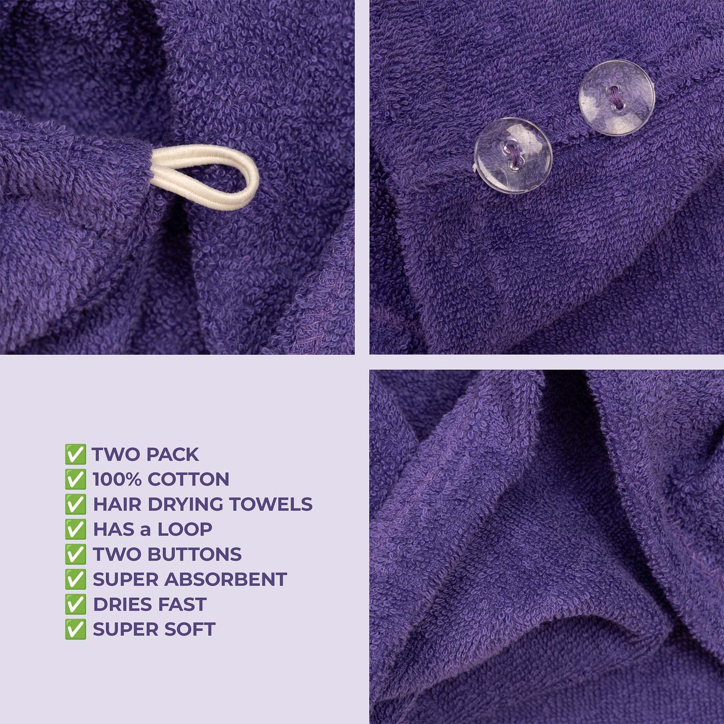 American Soft Linen 100% Cotton Hair Drying Towels for Women, 2 Pack Head Towel Cap