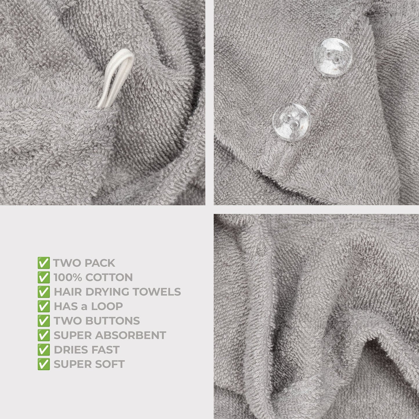 American Soft Linen 100% Cotton Hair Drying Towels for Women, 2 Pack Head Towel Cap