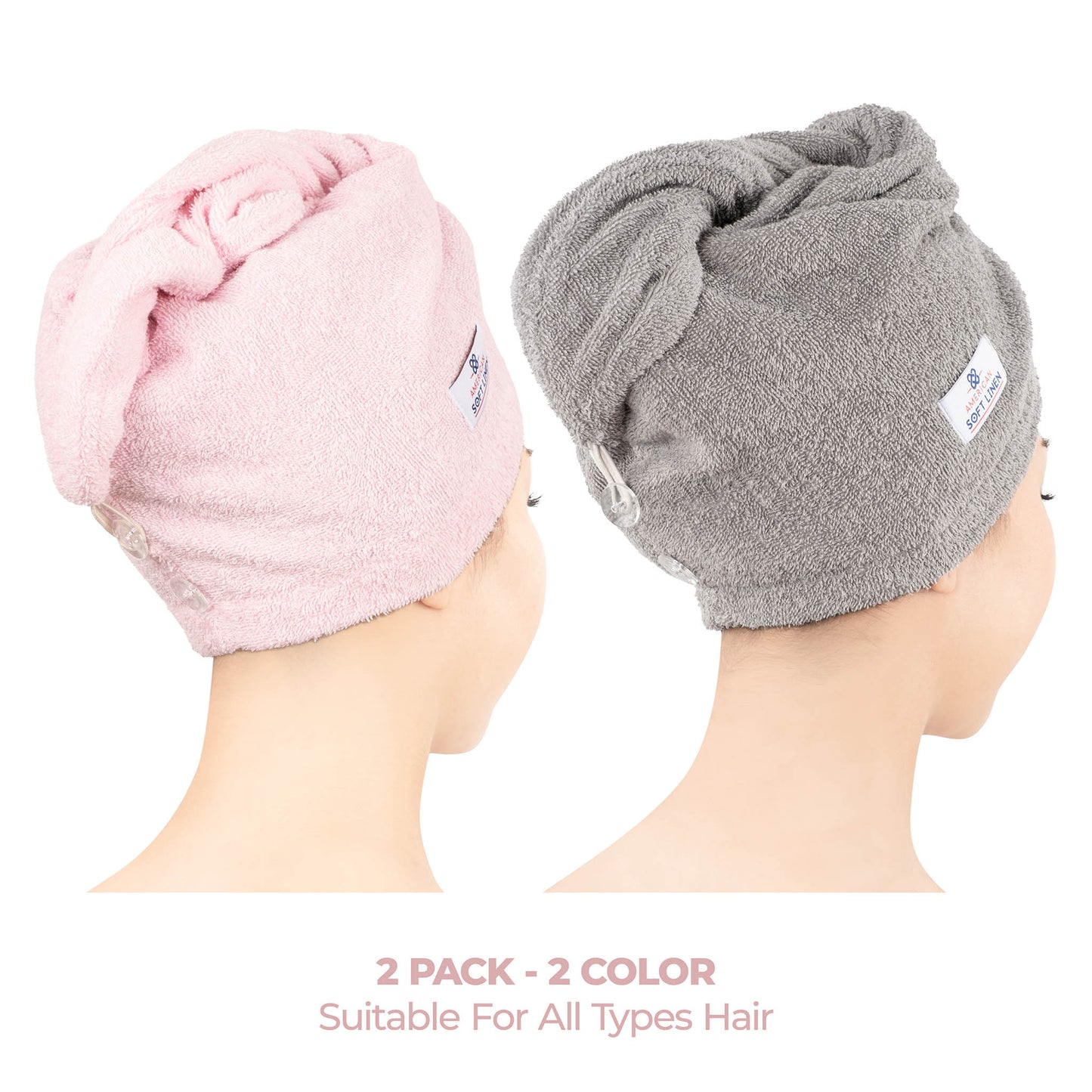 American Soft Linen 100% Cotton Hair Drying Towels for Women, 2 Pack Head Towel Cap