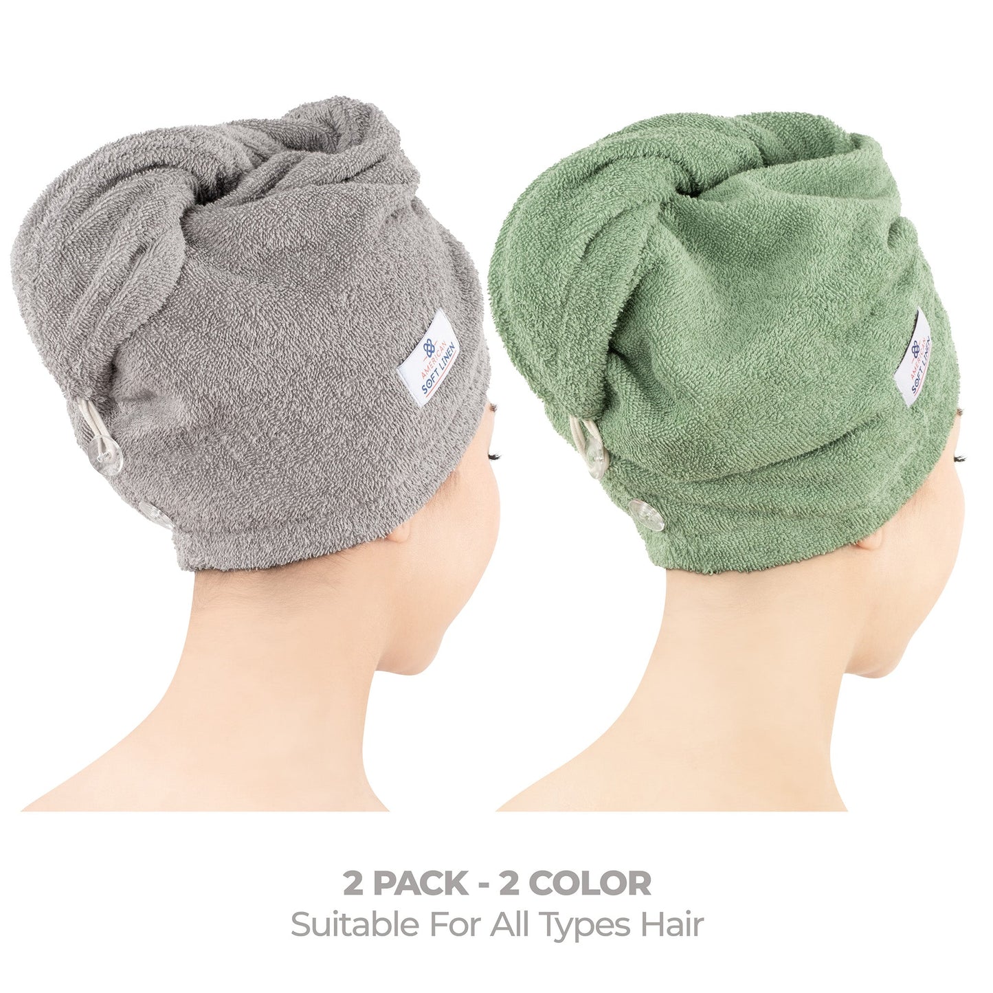 American Soft Linen 100% Cotton Hair Drying Towels for Women, 2 Pack Head Towel Cap