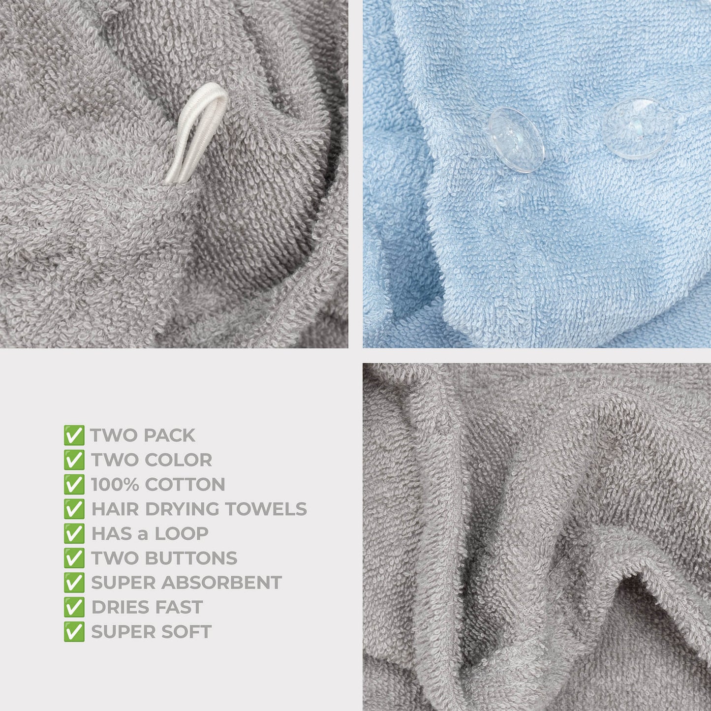 American Soft Linen 100% Cotton Hair Drying Towels for Women, 2 Pack Head Towel Cap