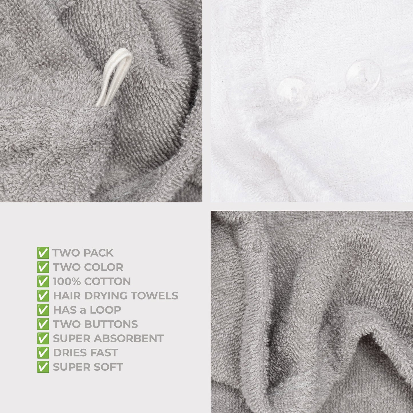 American Soft Linen 100% Cotton Hair Drying Towels for Women, 2 Pack Head Towel Cap