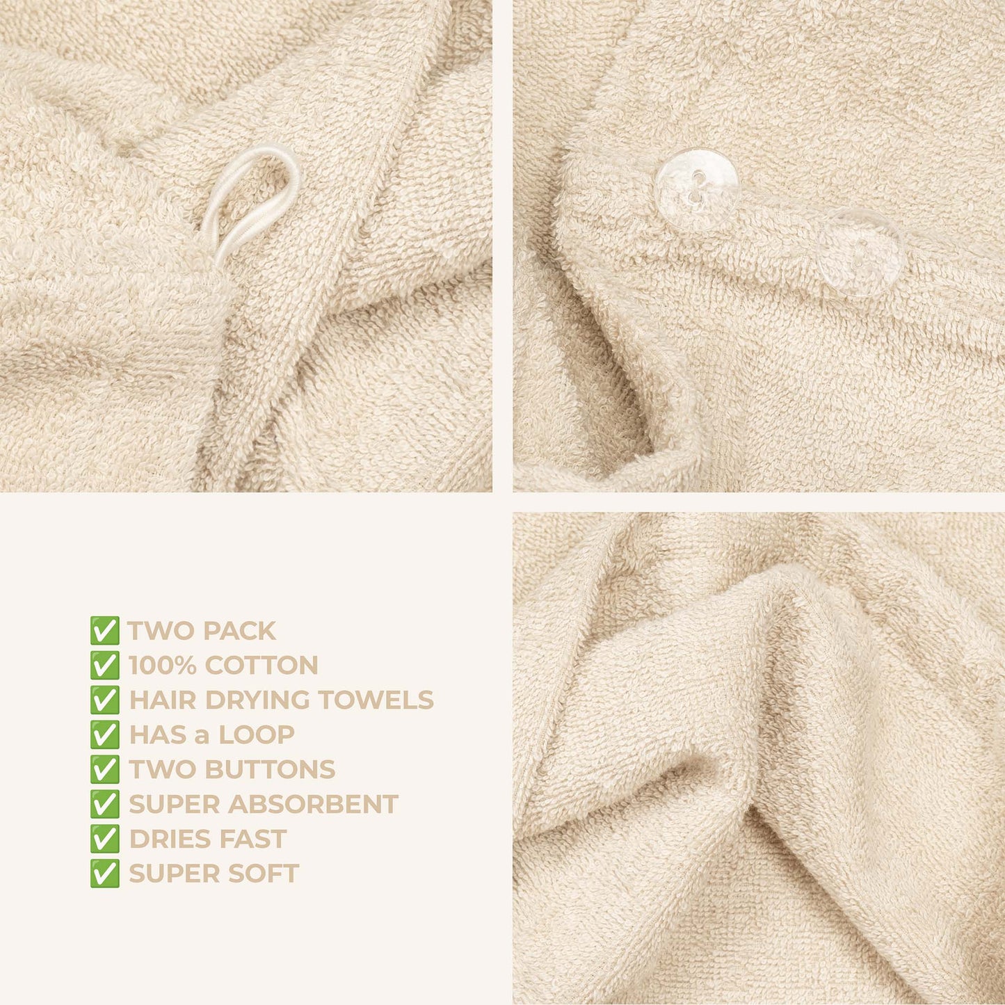 American Soft Linen 100% Cotton Hair Drying Towels for Women, 2 Pack Head Towel Cap