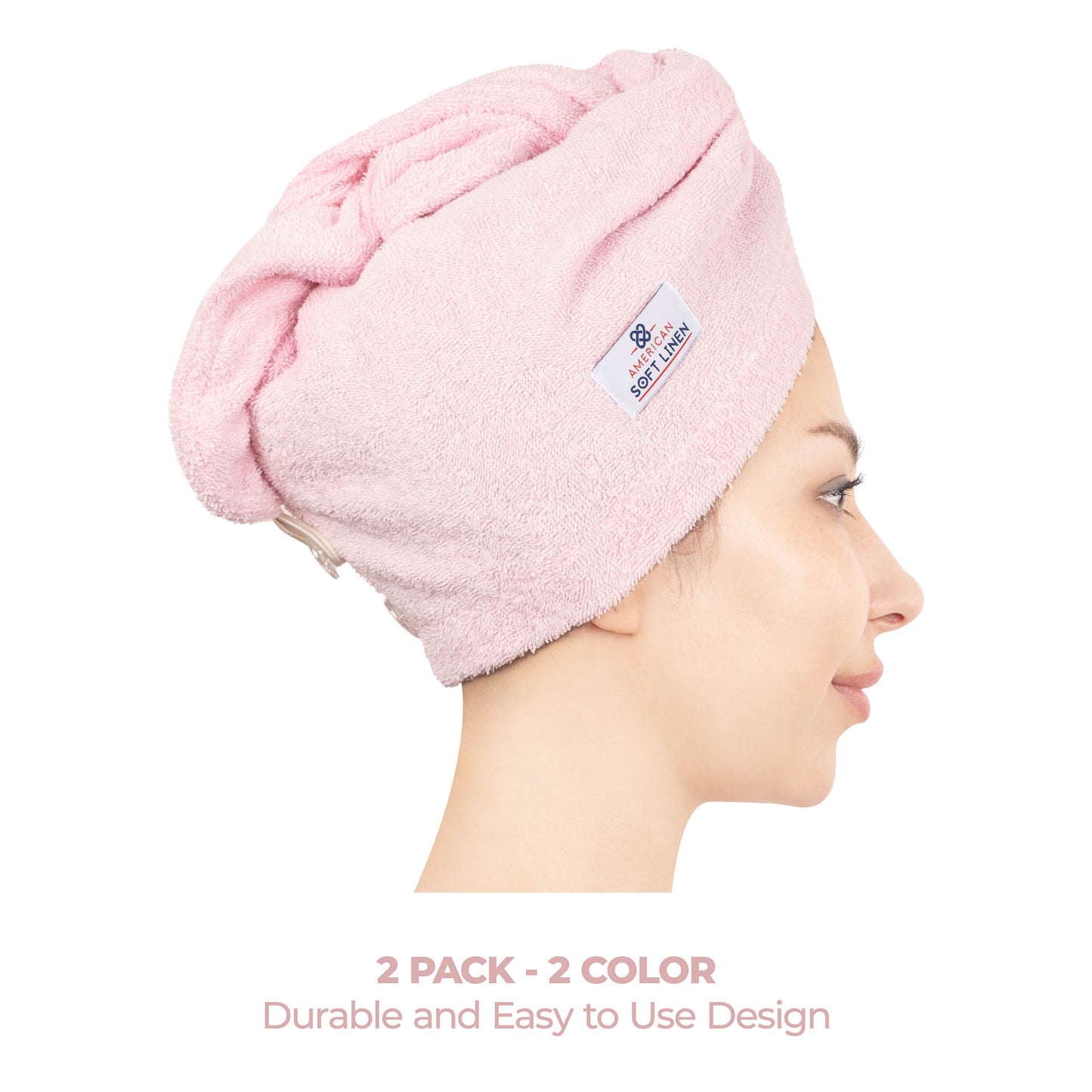 American Soft Linen 100% Cotton Hair Drying Towels for Women, 2 Pack Head Towel Cap