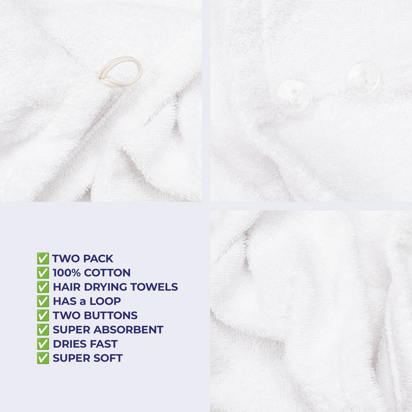 American Soft Linen 100% Cotton Hair Drying Towels for Women, 2 Pack Head Towel Cap