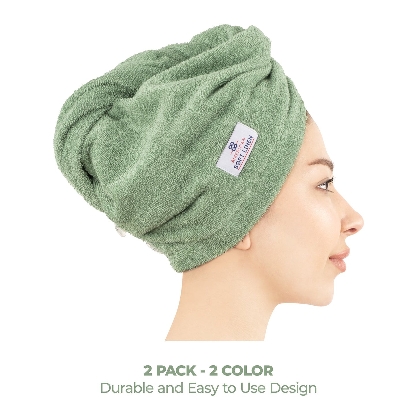 American Soft Linen 100% Cotton Hair Drying Towels for Women, 2 Pack Head Towel Cap