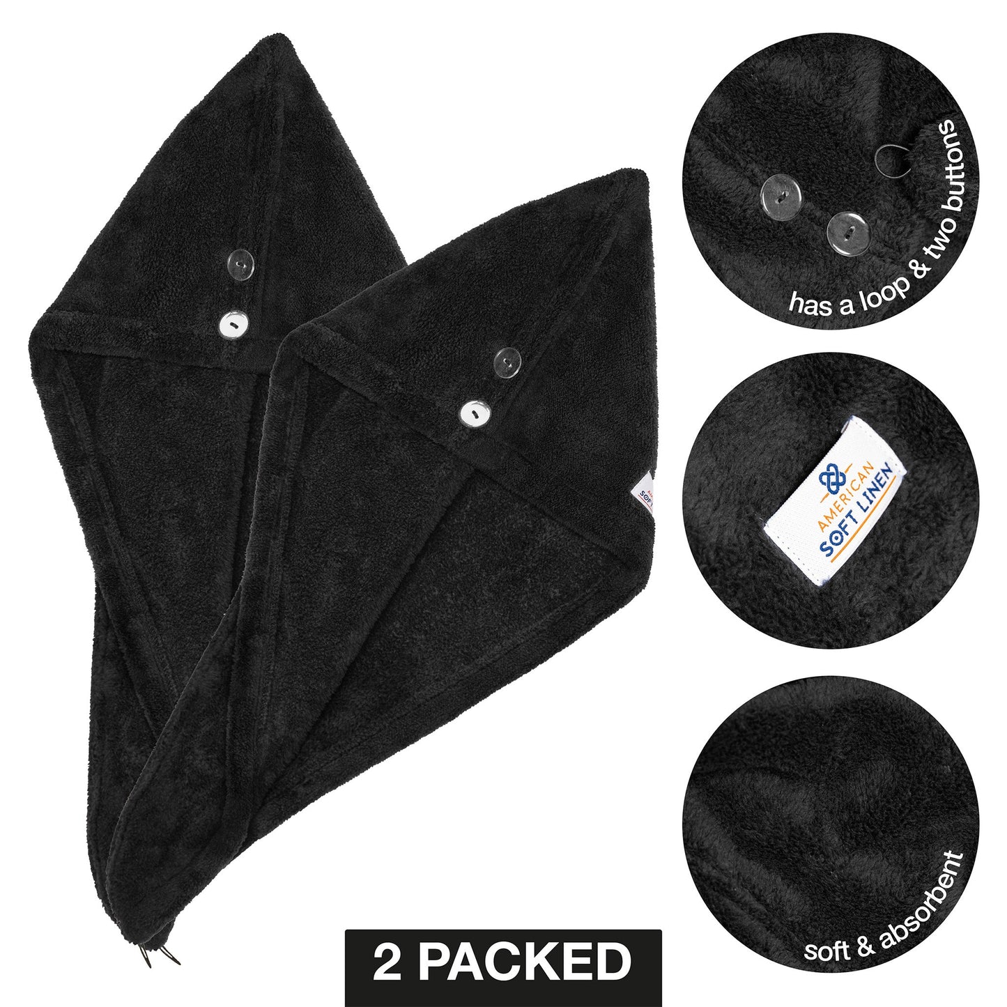 American Soft Linen Extremely Soft, Super Absorbent and Fast Drying Hair Towel with 2 buttons