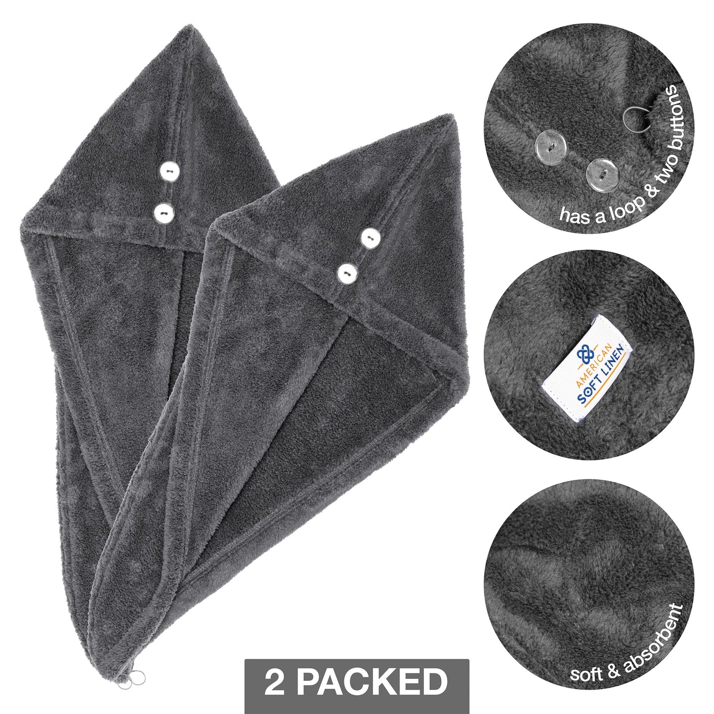 American Soft Linen Extremely Soft, Super Absorbent and Fast Drying Hair Towel with 2 buttons