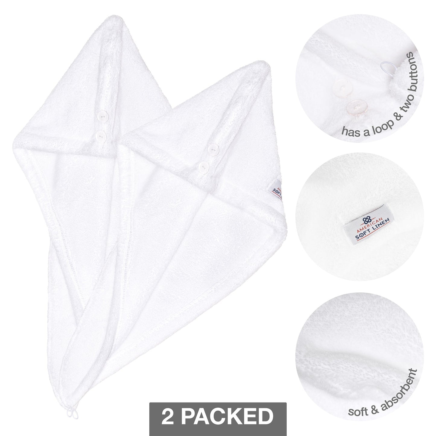 American Soft Linen Extremely Soft, Super Absorbent and Fast Drying Hair Towel with 2 buttons