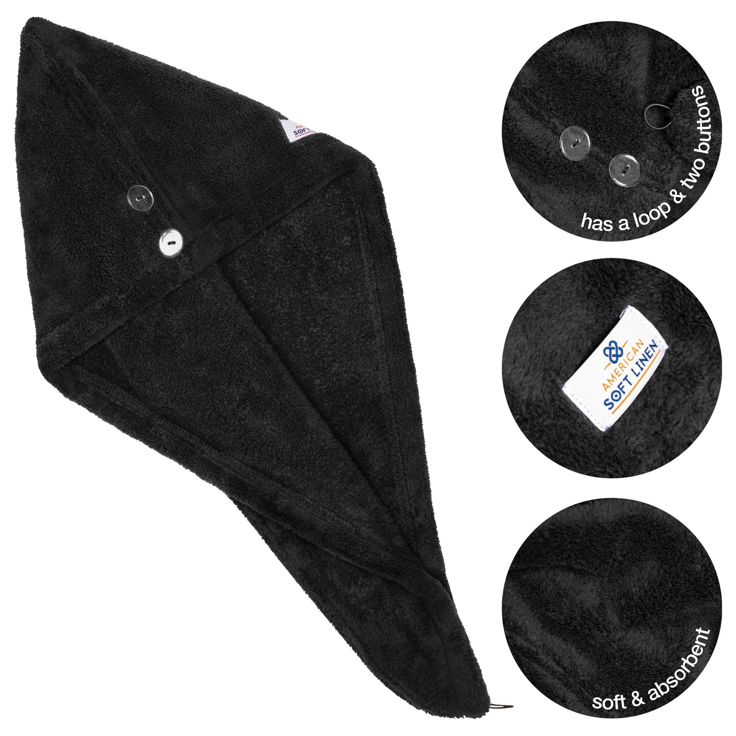 American Soft Linen Extremely Soft, Super Absorbent and Fast Drying Hair Towel with 2 buttons