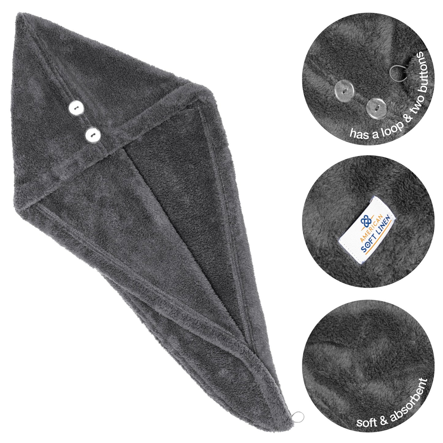 American Soft Linen Extremely Soft, Super Absorbent and Fast Drying Hair Towel with 2 buttons