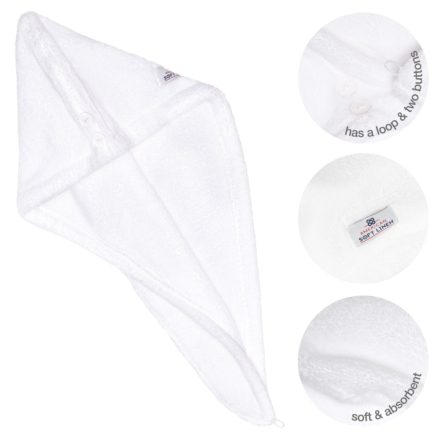 American Soft Linen Extremely Soft, Super Absorbent and Fast Drying Hair Towel with 2 buttons
