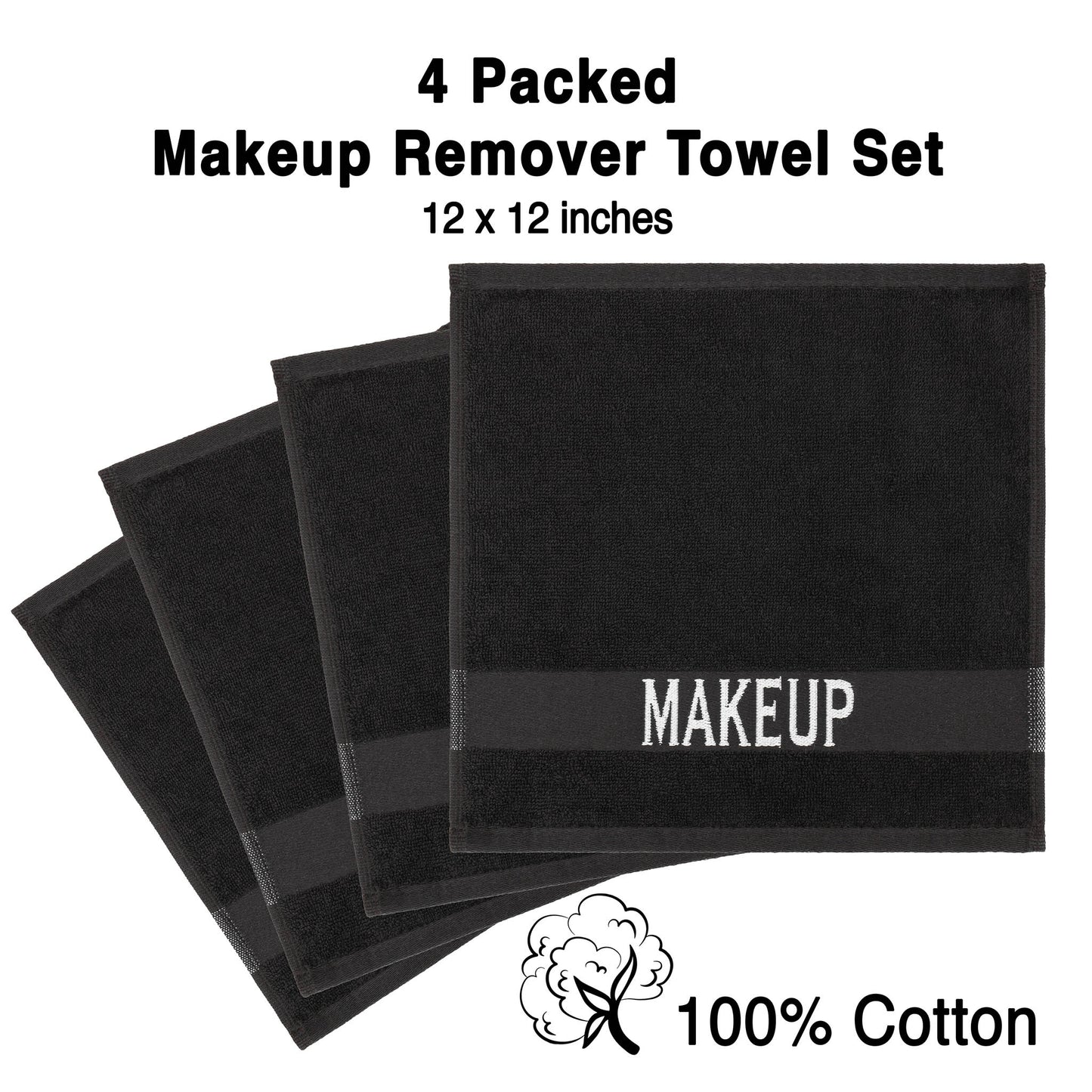 American Soft Linen, Makeup Remover Face Cloth, 100% Cotton Makeup Towels, 4 Packed Face Towels, 12x12 inches, Black - 100 Set Case Pack