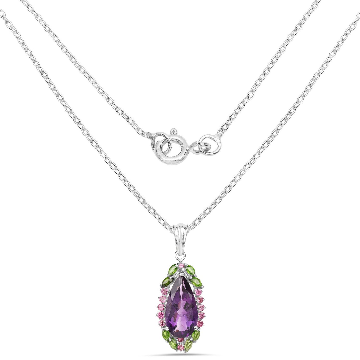 6.22 Carat Genuine Amethyst, Chrome Diopside and Rhodolite .925 Sterling Silver Pendant