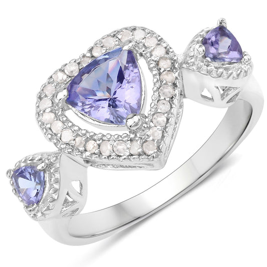 1.09 Carat Genuine Tanzanite and White Diamond .925 Sterling Silver Ring