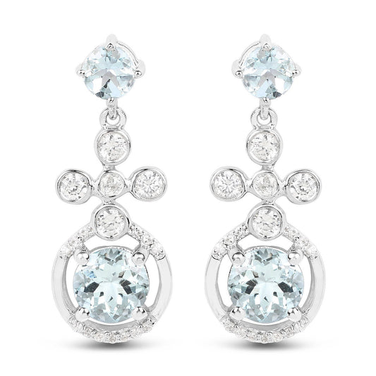 4.42 Carat Genuine Aquamarine and White Zircon .925 Sterling Silver Earrings