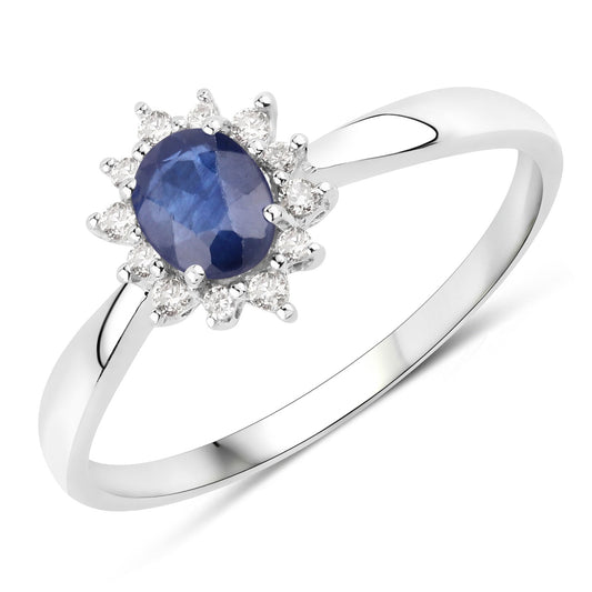 0.44 Carat Genuine Blue Sapphire and White Diamond 14K White Gold Ring