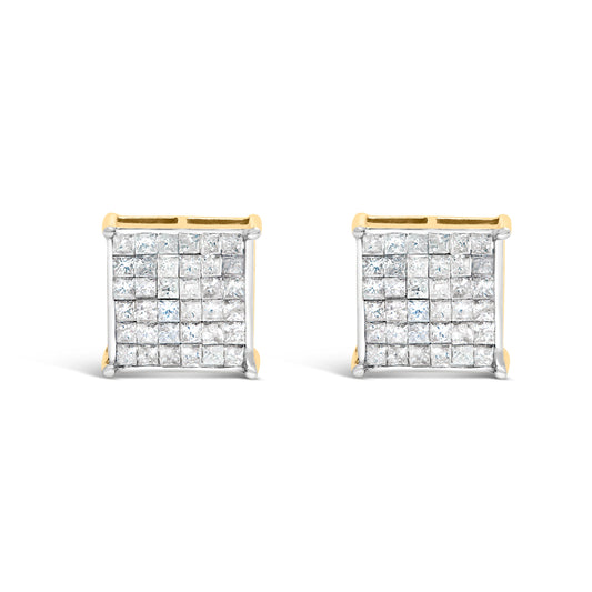 10K Yellow Gold 2.0 Cttw Invisible-Set Princess-Cut Diamond Stud Earrings