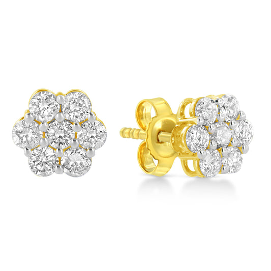 14K Yellow Gold 1/2 Cttw Brilliant Round Cut Diamond Floral Cluster Stud Earrings with Pushbacks (J-K Color, VS2-SI1 Clarity)
