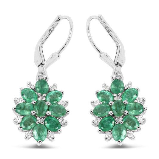 3.04 Carat Genuine Zambian Emerald and White Zircon .925 Sterling Silver Earrings