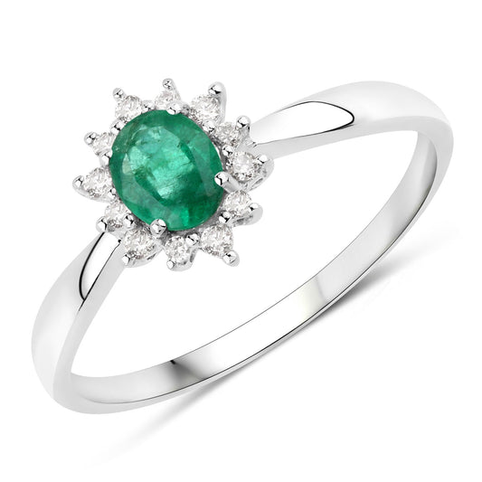 0.40 Carat Genuine Zambian Emerald and White Diamond 14K White Gold Ring