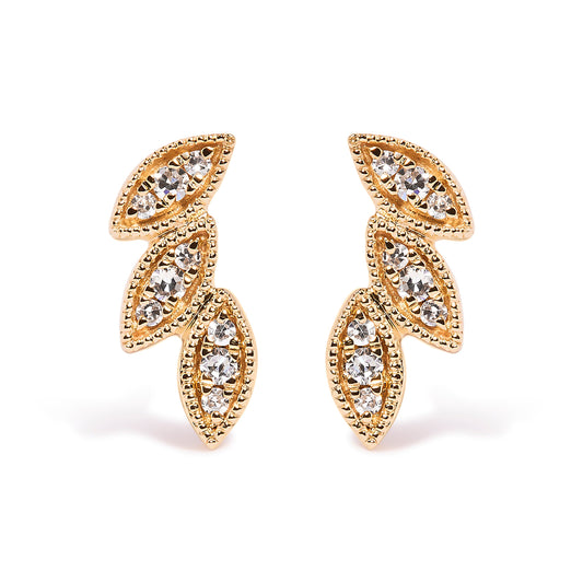 10K Yellow Gold 1/10 Cttw Diamond Triple Leaf Stud Earring (H-I Color, I1-I2 Clarity)