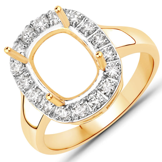 0.51 Carat Genuine White Diamond 14K Yellow Gold Semi Mount Ring - holds 10x8mm Cushion Gemstone