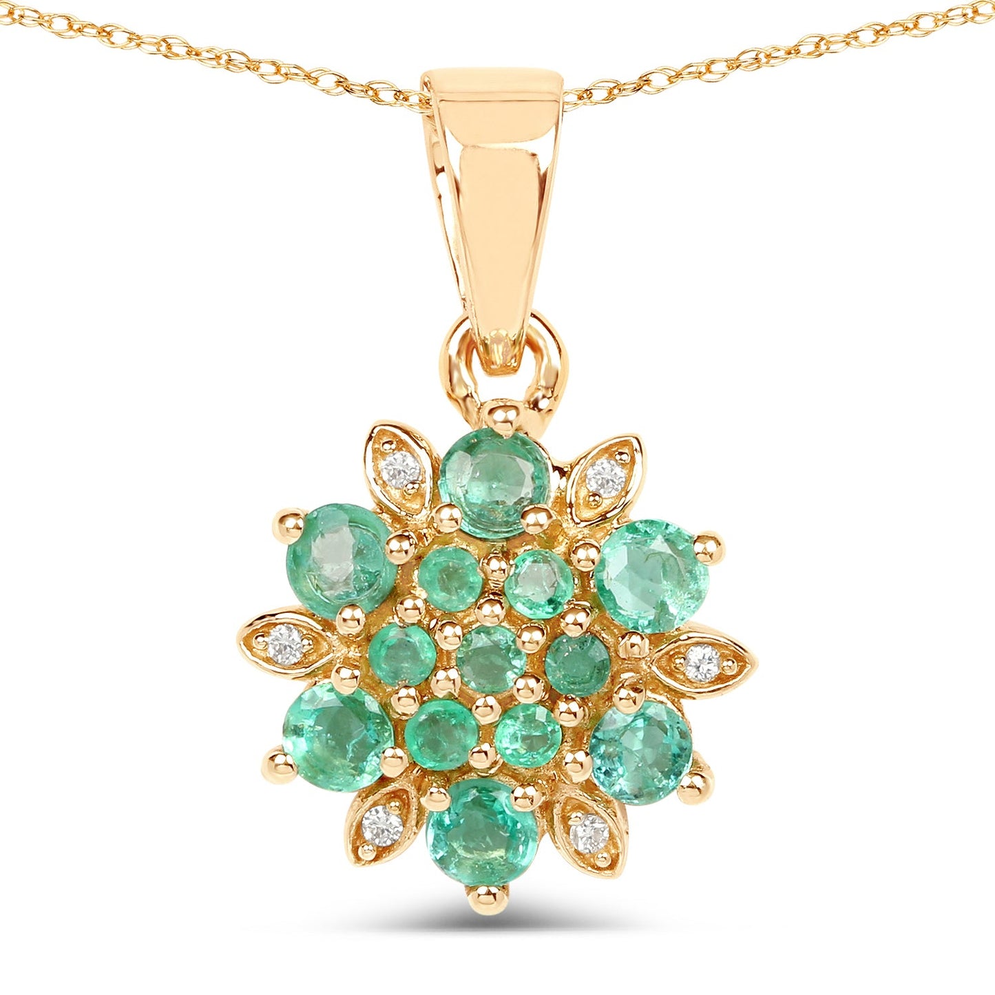 0.72 Carat Genuine Zambian Emerald and White Diamond 14K Yellow Gold Pendant