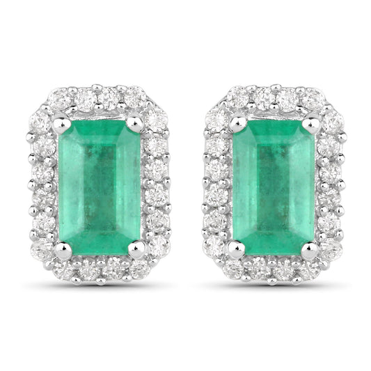 0.91 Carat Genuine Zambian Emerald and White Diamond 14K White Gold Earrings