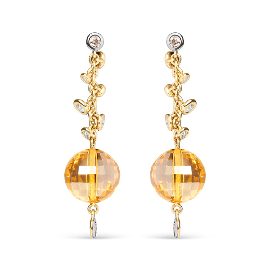 18K Yellow Gold 2/3 Cttw Round Bezel Diamond and 25mm Ball Shaped Yellow Citrine Gemstone Dangle Stud Earring (Brown and G-H Color, SI1-SI2 Clarity)