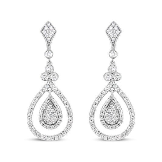 18K White Gold 1 1/4 Cttw Round Diamond Openwork Teardrop-Shaped Dangle Earrings (F-G Color, VS1-VS2 Clarity)